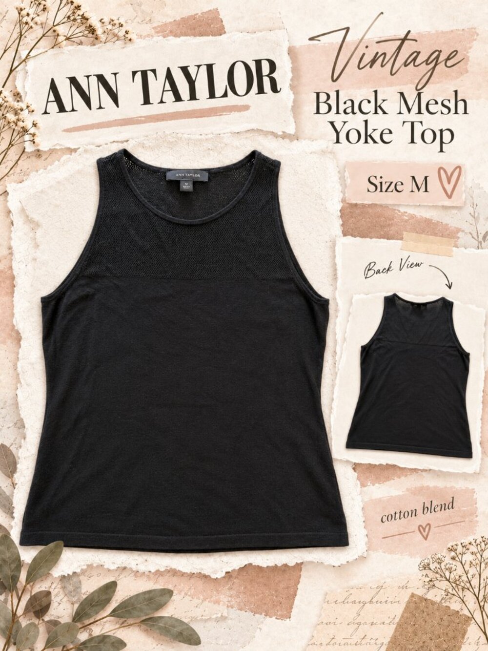 Vintage Ann Taylor Black Mesh Yoke Sleeveless Knit Top Size M